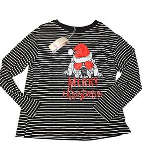 NWT Merry Christmas Shirt w Dog on it Womens Long Sleeve Striped Size Large (791